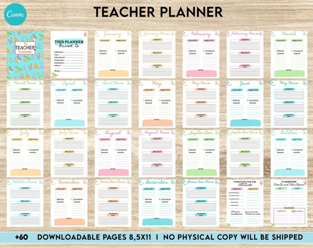 Teacher Planner, Teacher Journal, teacher Bundle pages, Canva Editable Templates, Kdp interior
