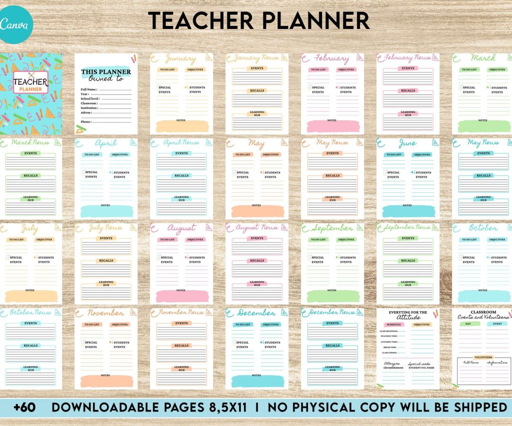 Teacher Planner, Teacher Journal, teacher Bundle pages, Canva Editable Templates, Kdp interior