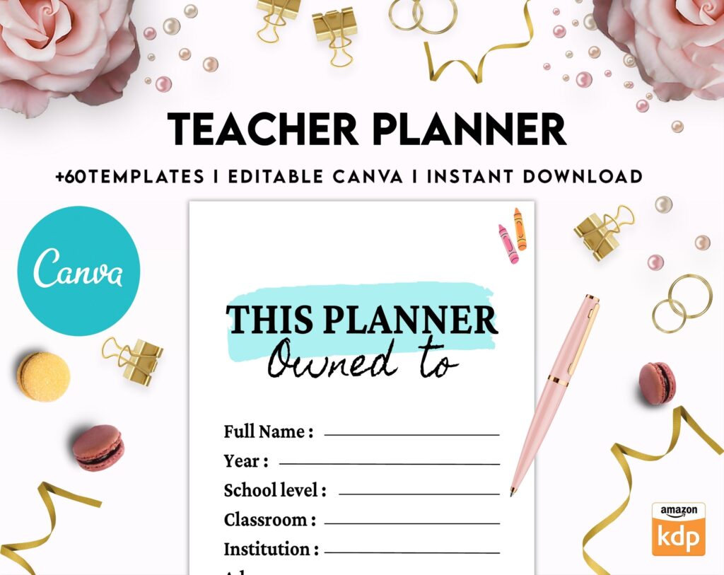 Teacher Planner, Teacher Journal, teacher Bundle pages, Canva Editable Templates, Kdp interior