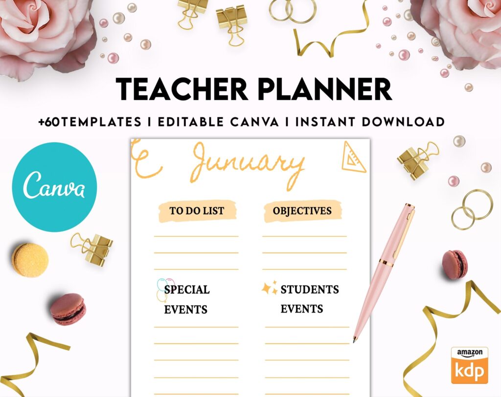 Teacher Planner, Teacher Journal, teacher Bundle pages, Canva Editable Templates, Kdp interior