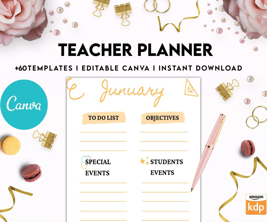 Teacher Planner, Teacher Journal, teacher Bundle pages, Canva Editable Templates, Kdp interior