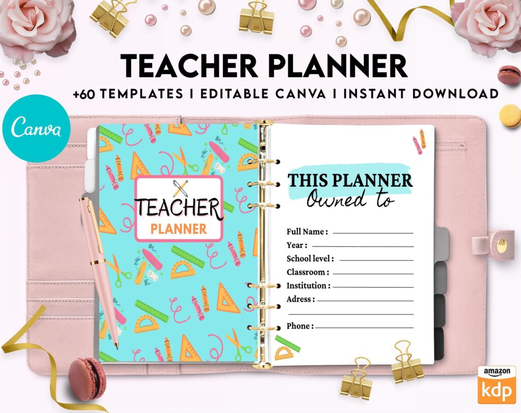 Teacher Planner, Teacher Journal, teacher Bundle pages, Canva Editable Templates, Kdp interior