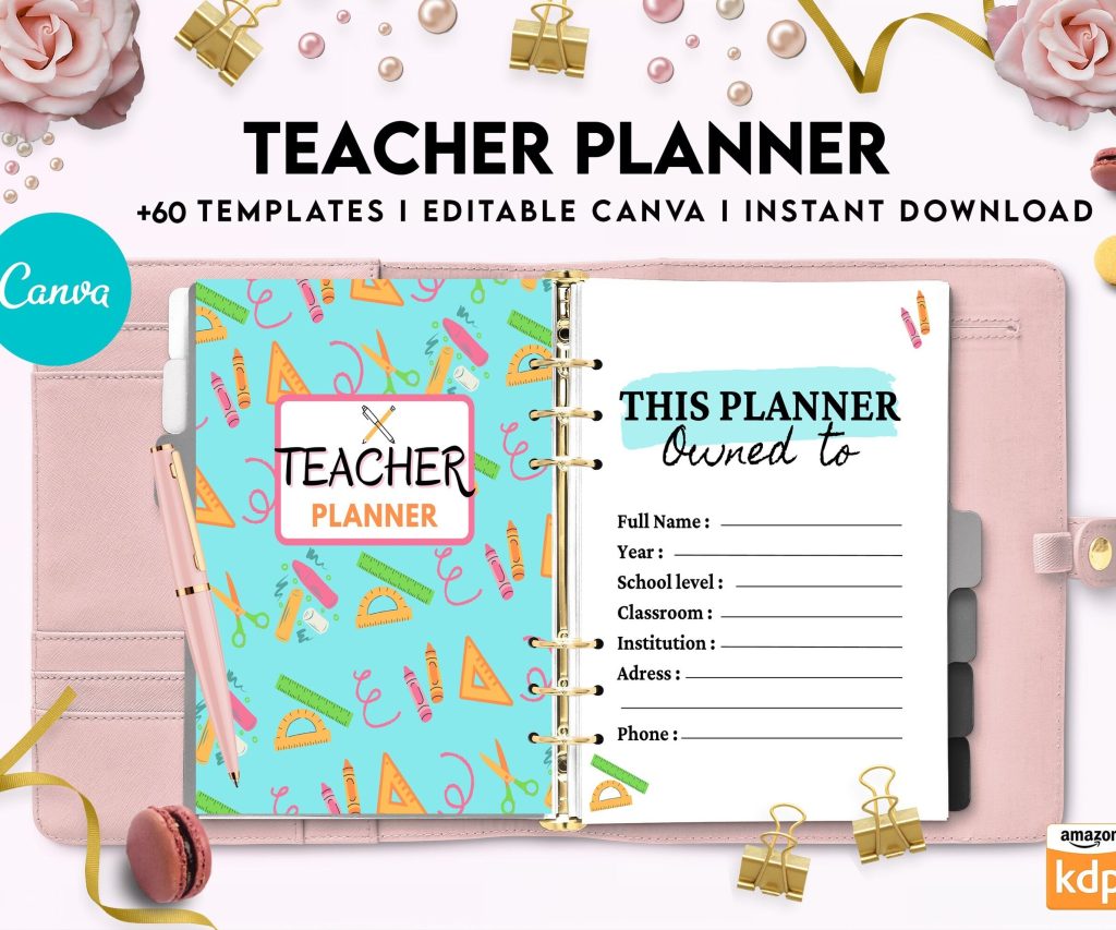 Teacher Planner, Teacher Journal, teacher Bundle pages, Canva Editable Templates, Kdp interior