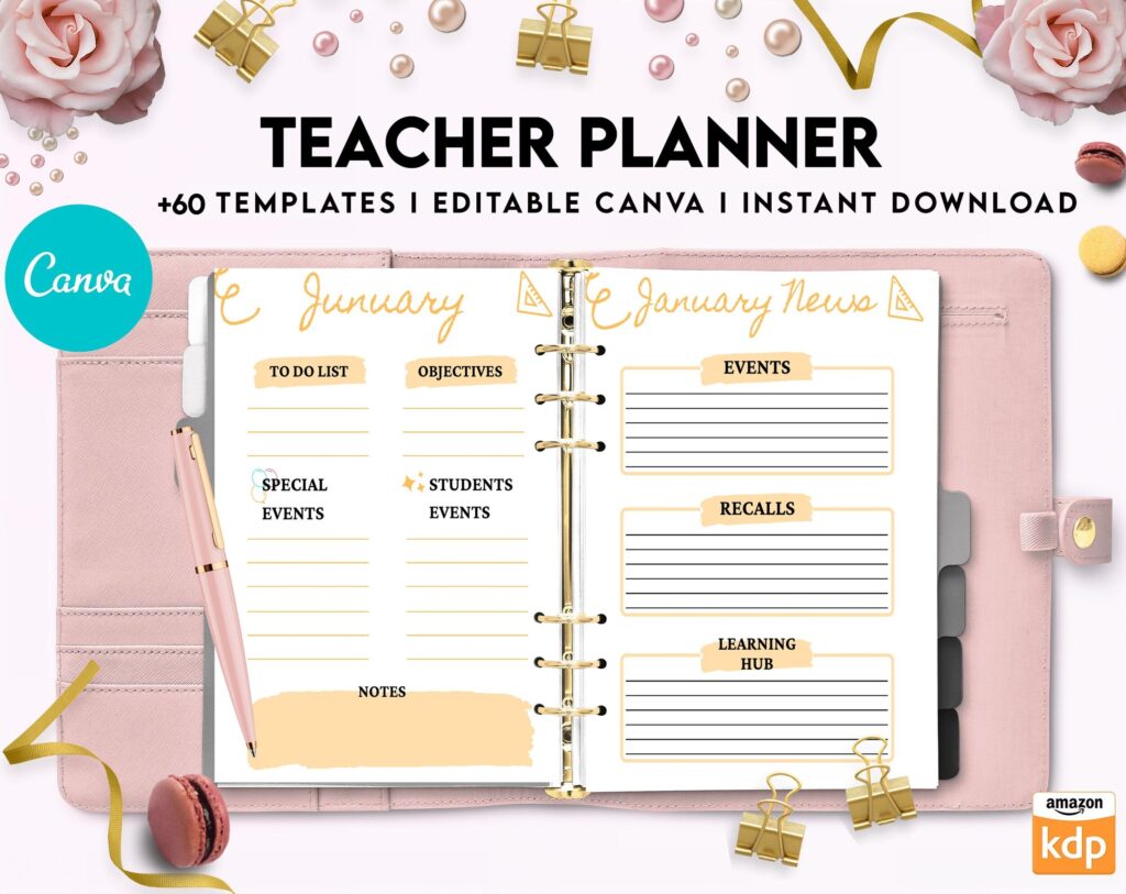 Teacher Planner, Teacher Journal, teacher Bundle pages, Canva Editable Templates, Kdp interior