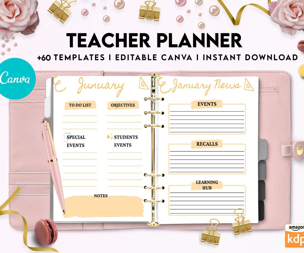 Teacher Planner, Teacher Journal, teacher Bundle pages, Canva Editable Templates, Kdp interior