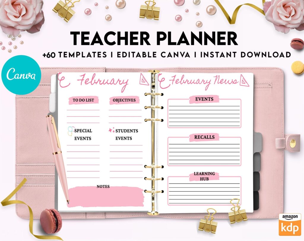Teacher Planner, Teacher Journal, teacher Bundle pages, Canva Editable Templates, Kdp interior