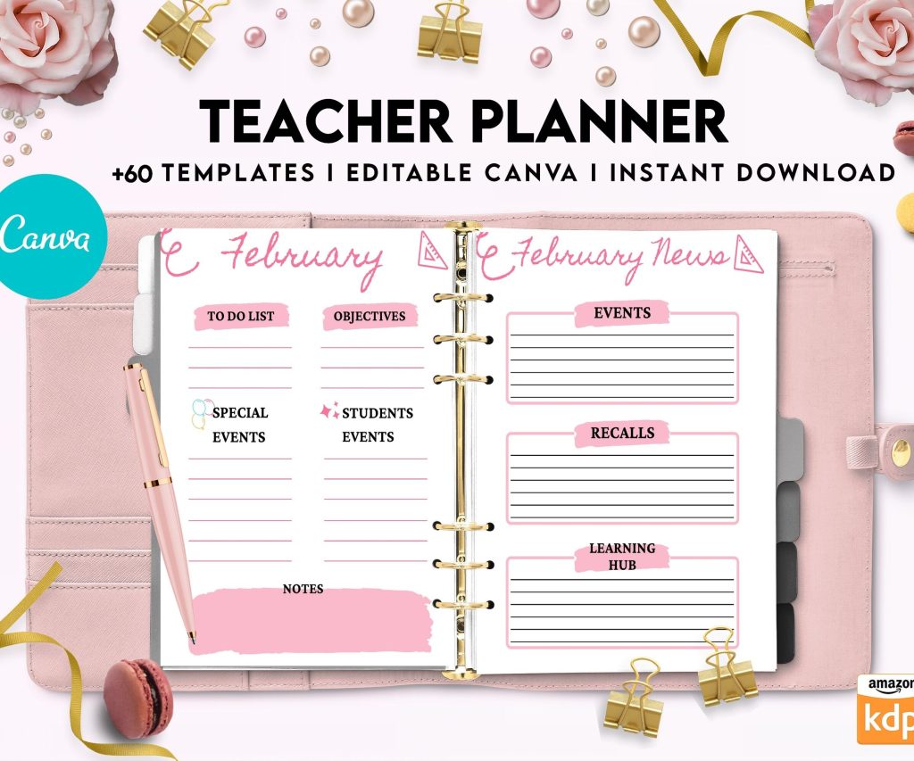 Teacher Planner, Teacher Journal, teacher Bundle pages, Canva Editable Templates, Kdp interior