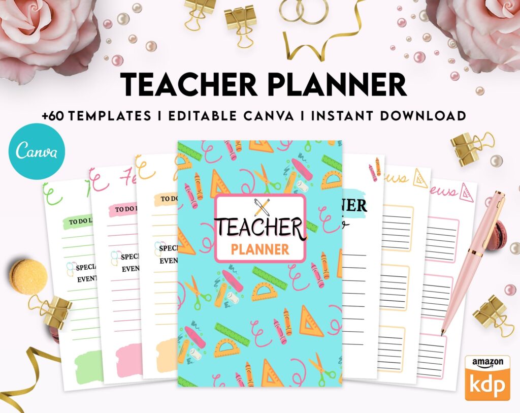 Teacher Planner, Teacher Journal, teacher Bundle pages, Canva Editable Templates, Kdp interior