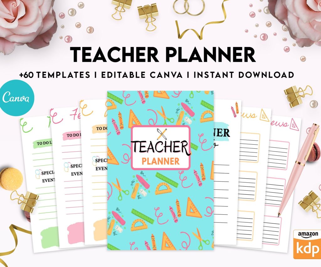Teacher Planner, Teacher Journal, teacher Bundle pages, Canva Editable Templates, Kdp interior