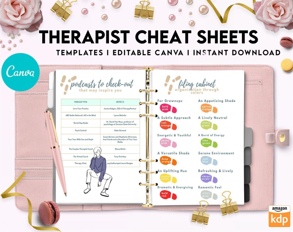 Therapist Planner, Therapist insert cheat sheets for documentation & clinical work, therapy sheets Canva Editable Templates, Kdp interior