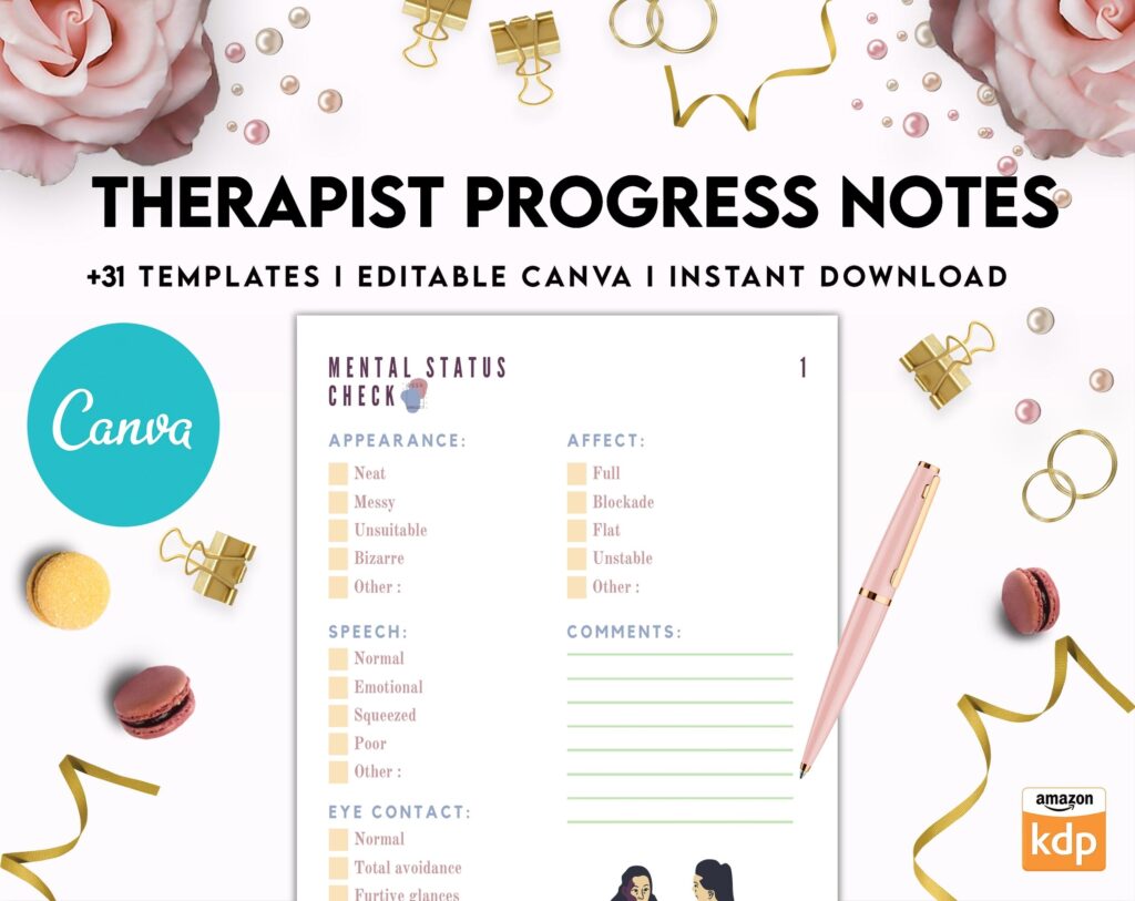 Progress Notes for Therapists, Editable Templates therapy worksheets, Client Progress Note Template , Counseling, Canva Editable Templates, Kdp interior