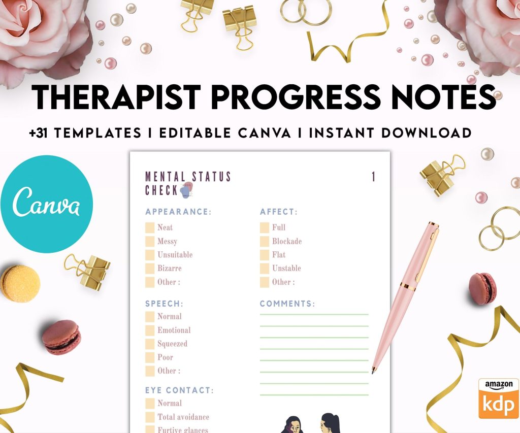 Progress Notes for Therapists, Editable Templates therapy worksheets, Client Progress Note Template , Counseling, Canva Editable Templates, Kdp interior