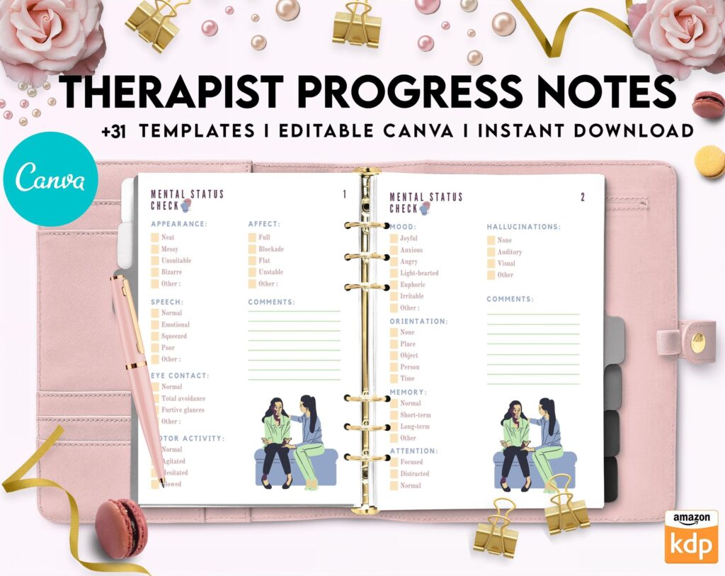 Progress Notes for Therapists, Editable Templates therapy worksheets, Client Progress Note Template , Counseling, Canva Editable Templates, Kdp interior