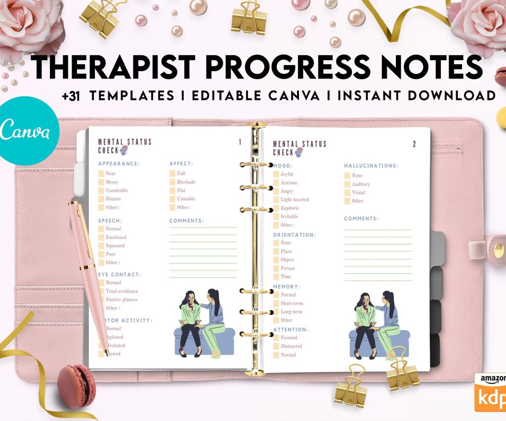 Progress Notes for Therapists, Editable Templates therapy worksheets, Client Progress Note Template , Counseling, Canva Editable Templates, Kdp interior