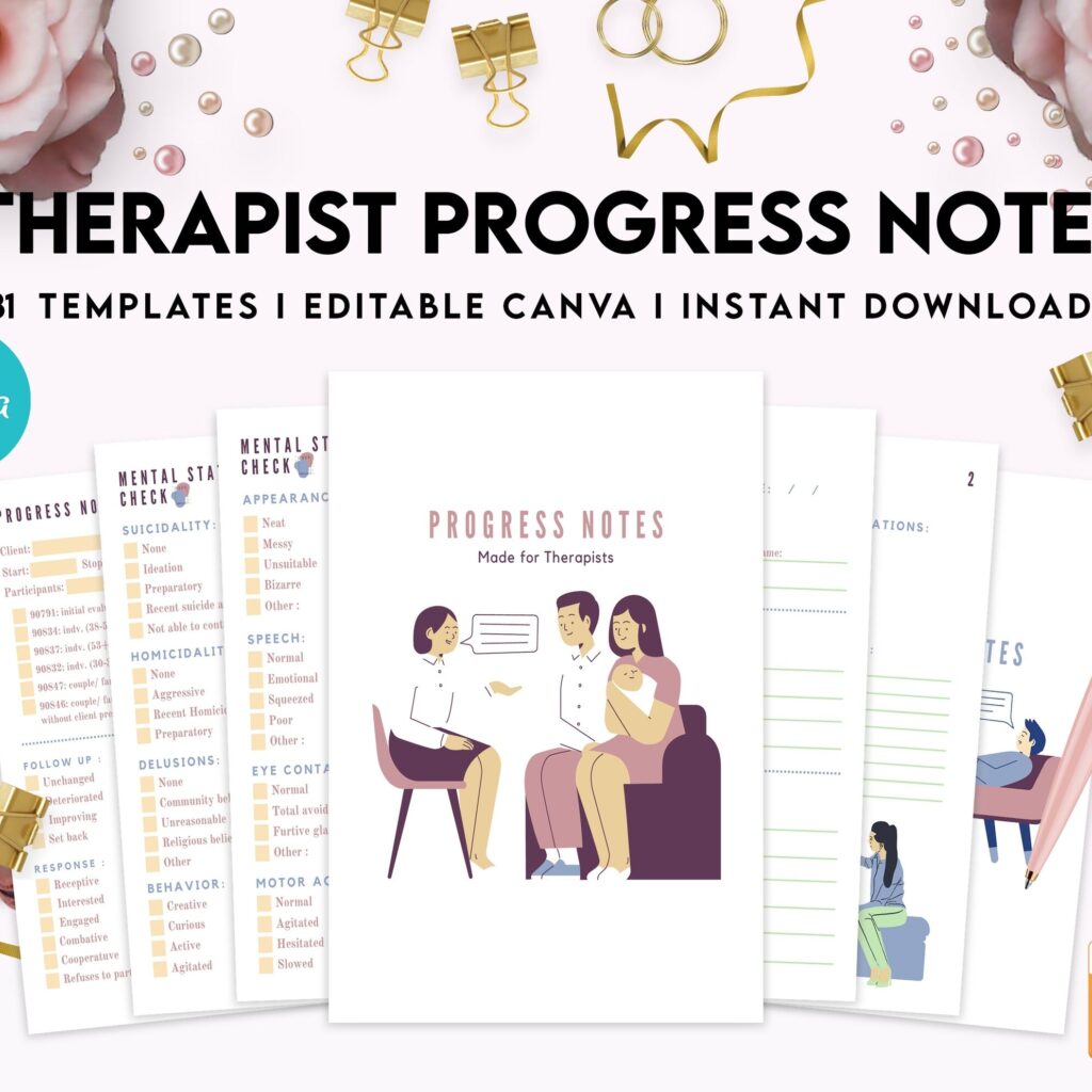 Progress Notes for Therapists, Editable Templates therapy worksheets, Client Progress Note Template , Counseling, Canva Editable Templates, Kdp interior