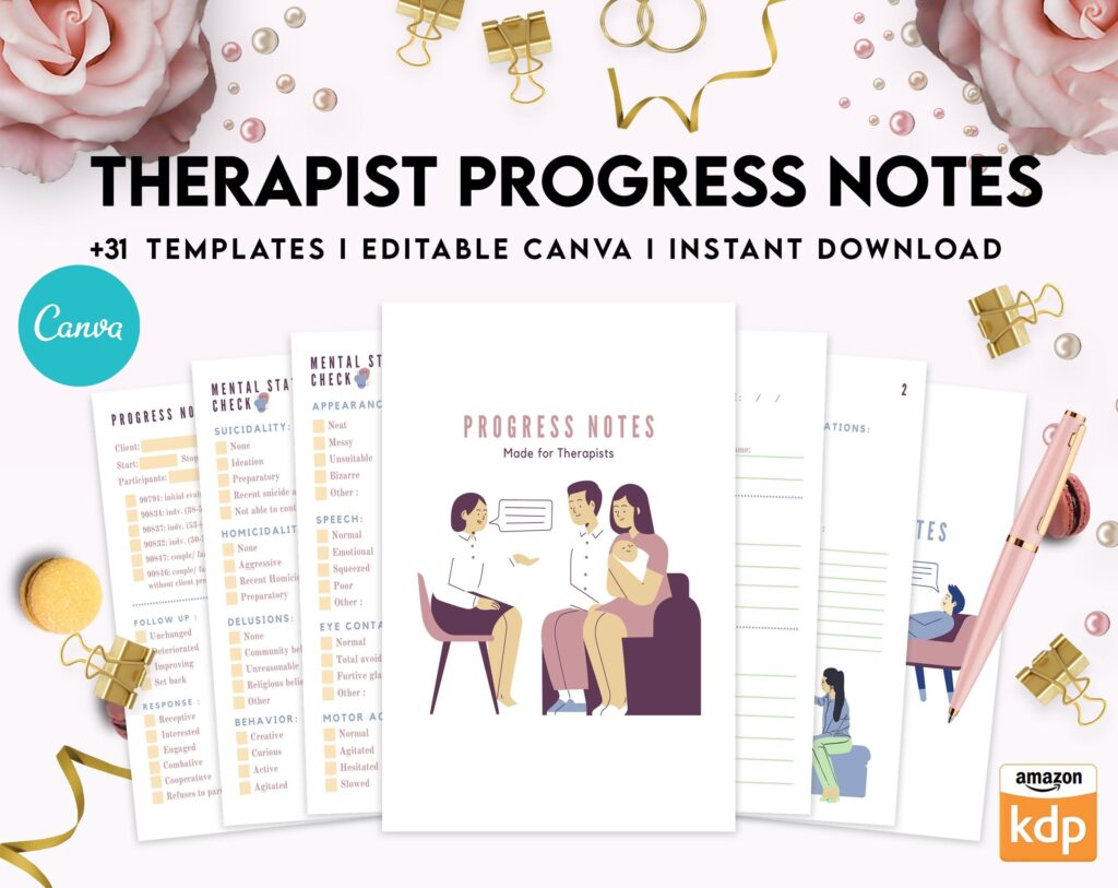 Progress Notes for Therapists, Editable Templates therapy worksheets, Client Progress Note Template , Counseling, Canva Editable Templates, Kdp interior