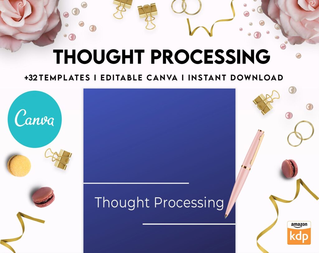Thought Processing Journal Pages for daily self care, mental health, and emotion list with breakdown worksheets, Canva Editable Templates, Kdp interior