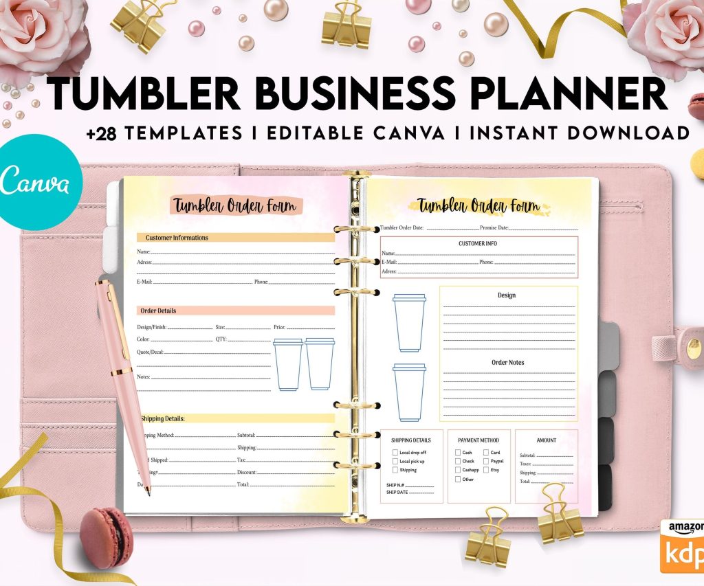Tumbler Business Planner | Digital Tumbler Order Form | Tumbler Order Form, Canva Editable Templates, Kdp interior, Binder journal
