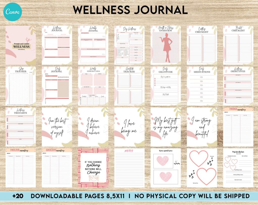Wellness Journal Planner, Self care journal , Wellness Editable Templates Bundle Pages, Canva Editable Templates, Kdp interior