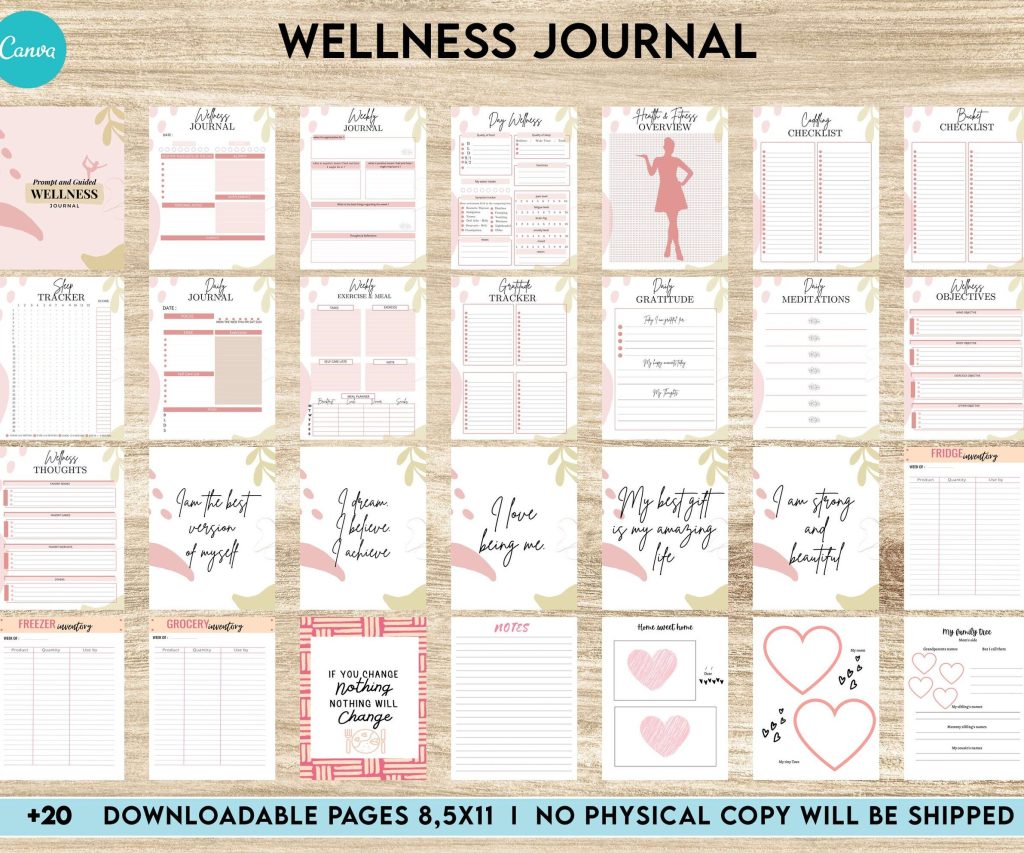 Wellness Journal Planner, Self care journal , Wellness Editable Templates Bundle Pages, Canva Editable Templates, Kdp interior