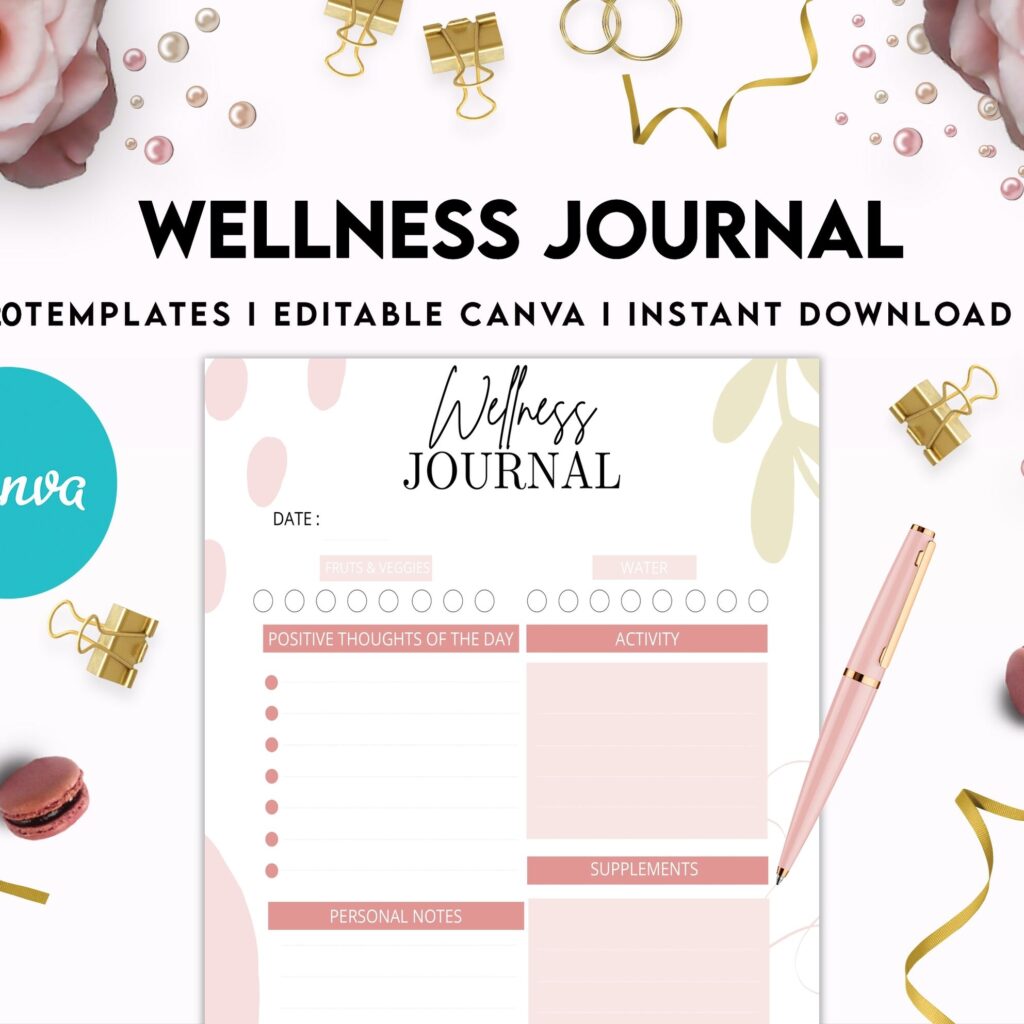 Wellness Journal Planner, Self care journal , Wellness Editable Templates Bundle Pages, Canva Editable Templates, Kdp interior