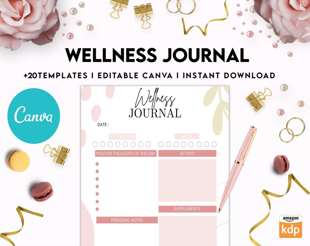 Wellness Journal Planner, Self care journal , Wellness Editable Templates Bundle Pages, Canva Editable Templates, Kdp interior
