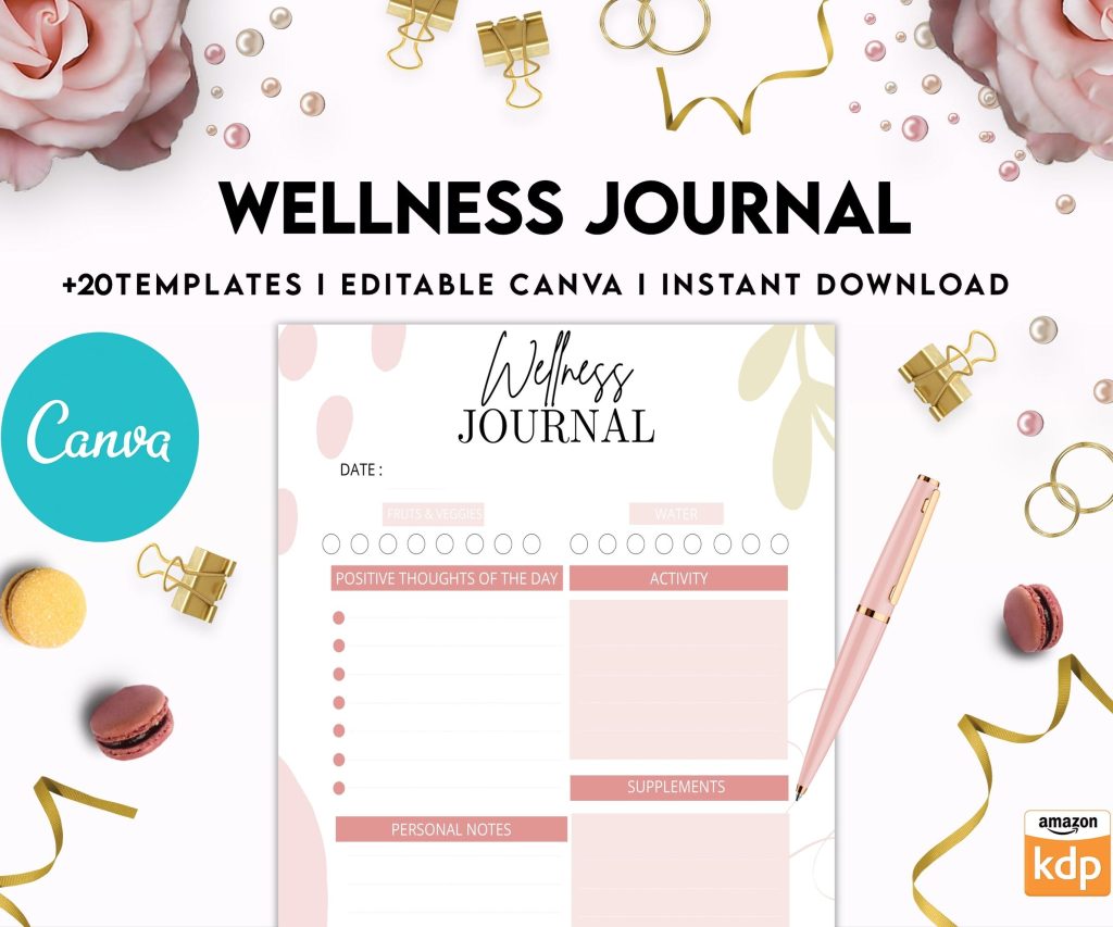 Wellness Journal Planner, Self care journal , Wellness Editable Templates Bundle Pages, Canva Editable Templates, Kdp interior