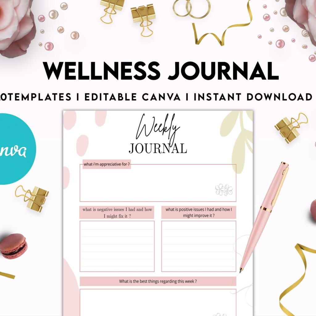 Wellness Journal Planner, Self care journal , Wellness Editable Templates Bundle Pages, Canva Editable Templates, Kdp interior