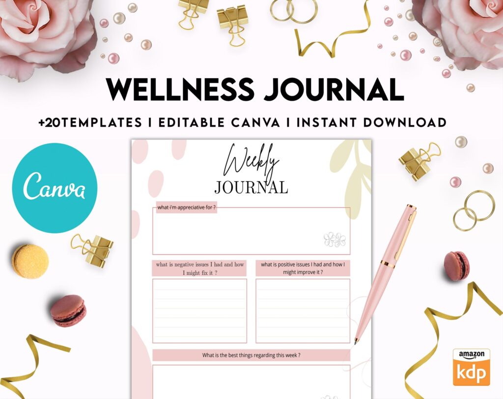Wellness Journal Planner, Self care journal , Wellness Editable Templates Bundle Pages, Canva Editable Templates, Kdp interior