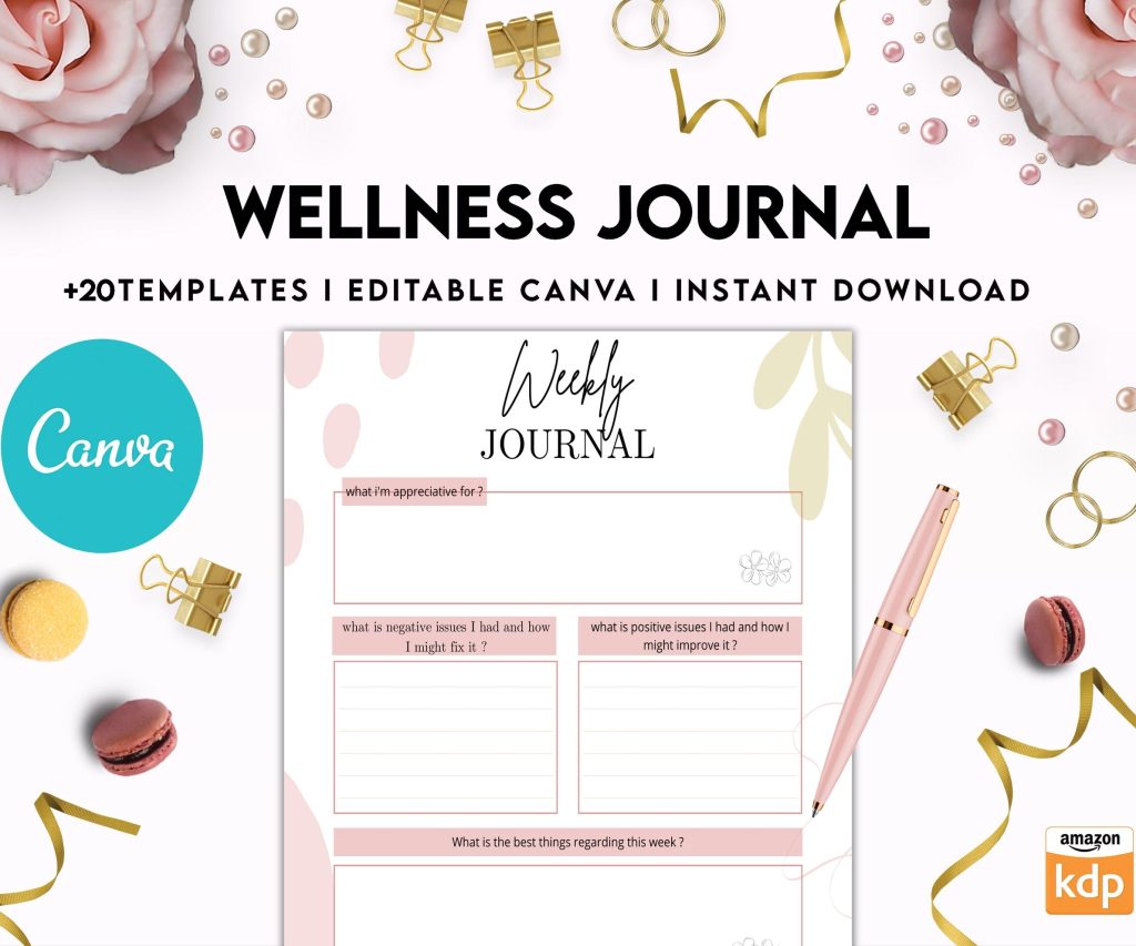 Wellness Journal Planner, Self care journal , Wellness Editable Templates Bundle Pages, Canva Editable Templates, Kdp interior