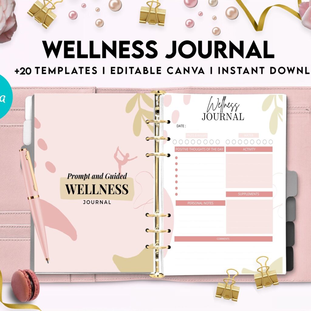 Wellness Journal Planner, Self care journal , Wellness Editable Templates Bundle Pages, Canva Editable Templates, Kdp interior