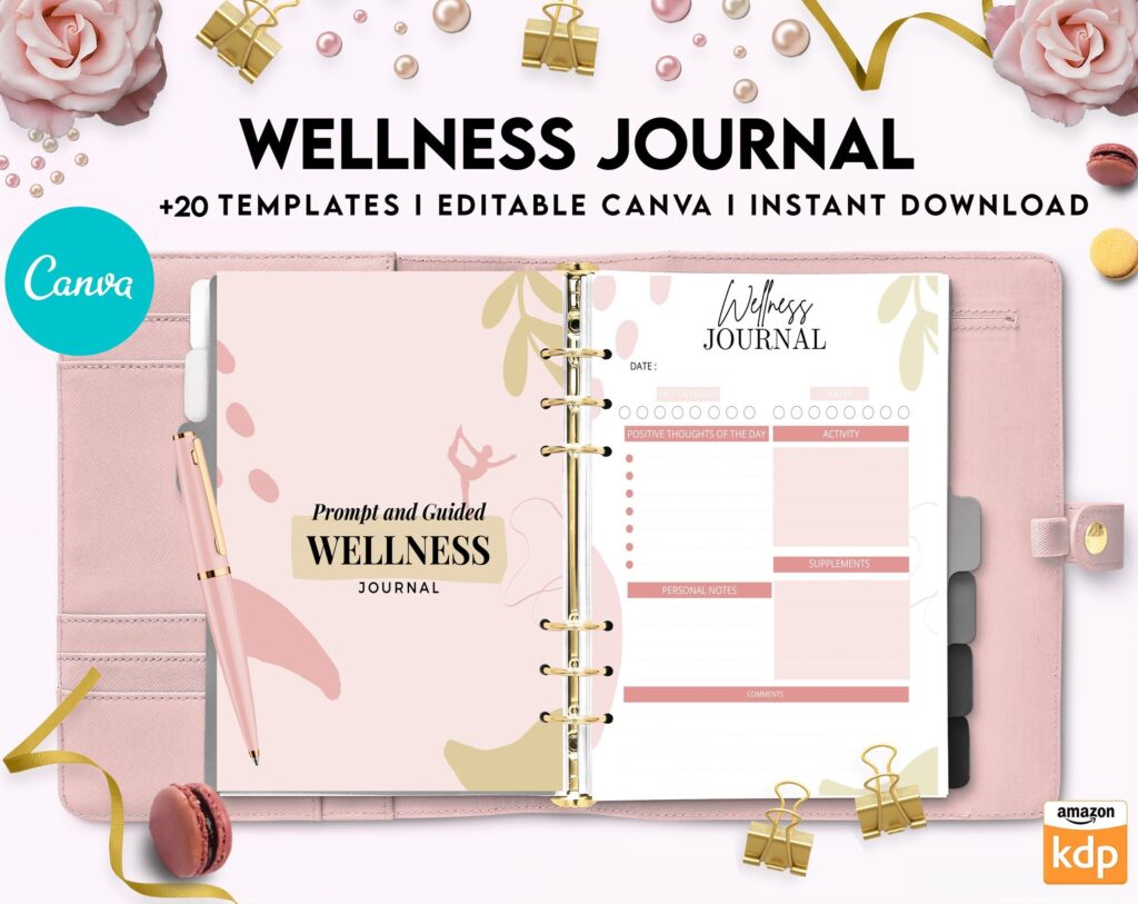 Wellness Journal Planner, Self care journal , Wellness Editable Templates Bundle Pages, Canva Editable Templates, Kdp interior