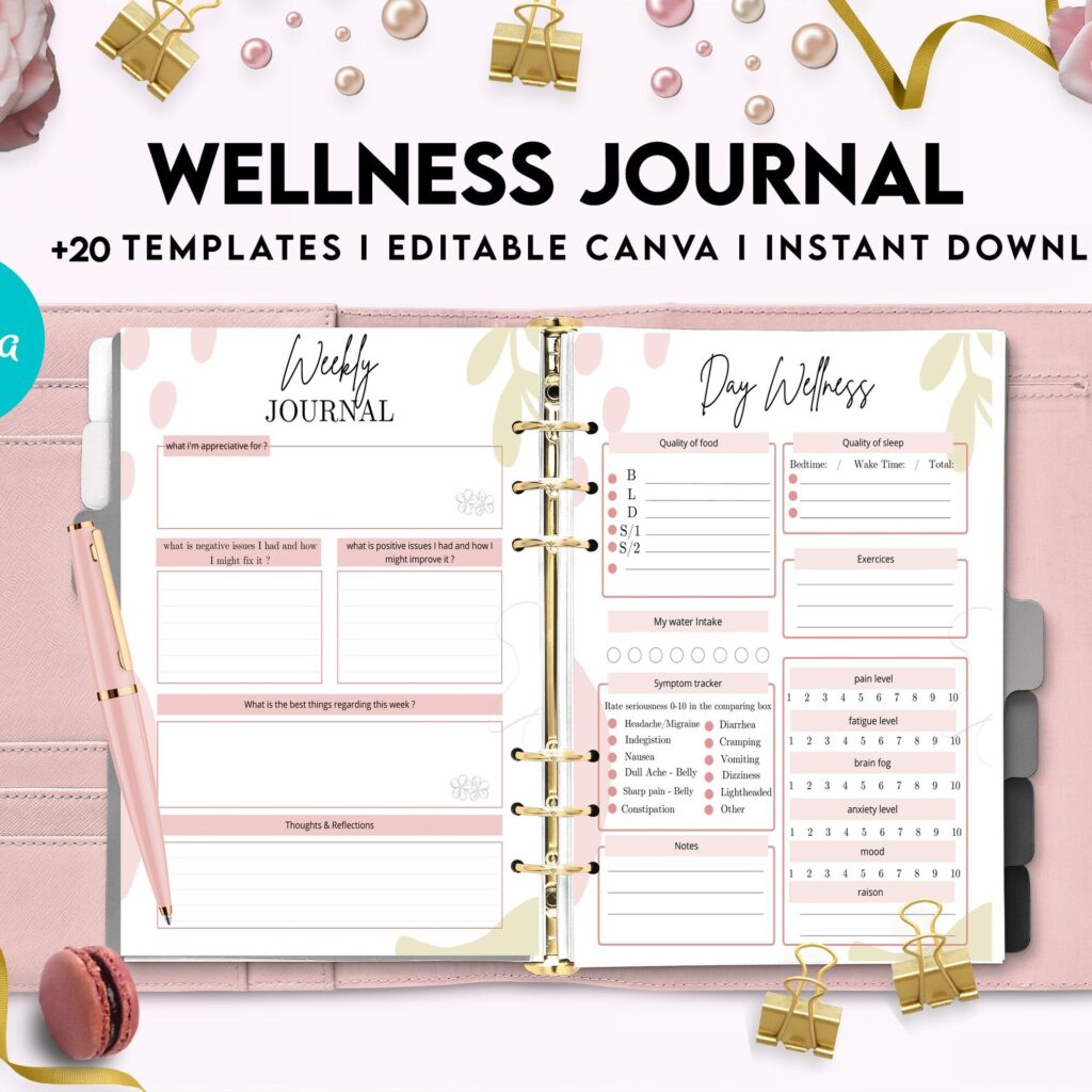 Wellness Journal Planner, Self care journal , Wellness Editable Templates Bundle Pages, Canva Editable Templates, Kdp interior