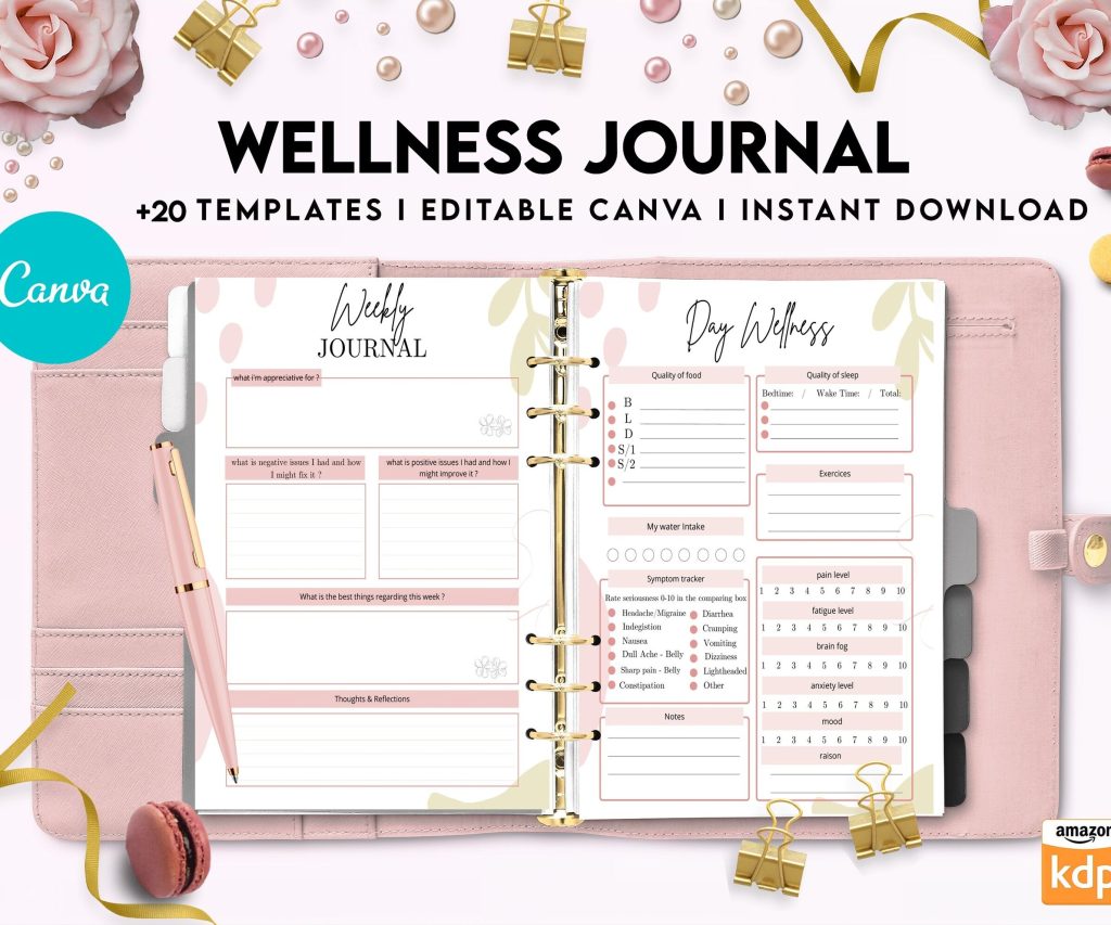 Wellness Journal Planner, Self care journal , Wellness Editable Templates Bundle Pages, Canva Editable Templates, Kdp interior