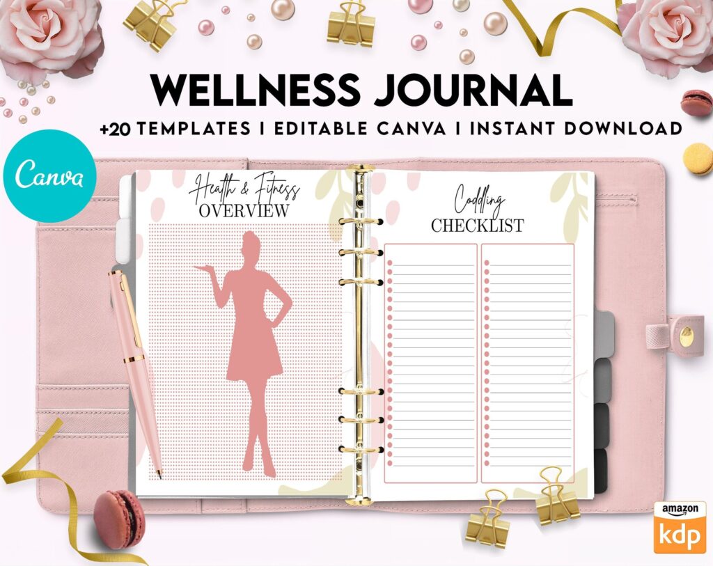 Wellness Journal Planner, Self care journal , Wellness Editable Templates Bundle Pages, Canva Editable Templates, Kdp interior