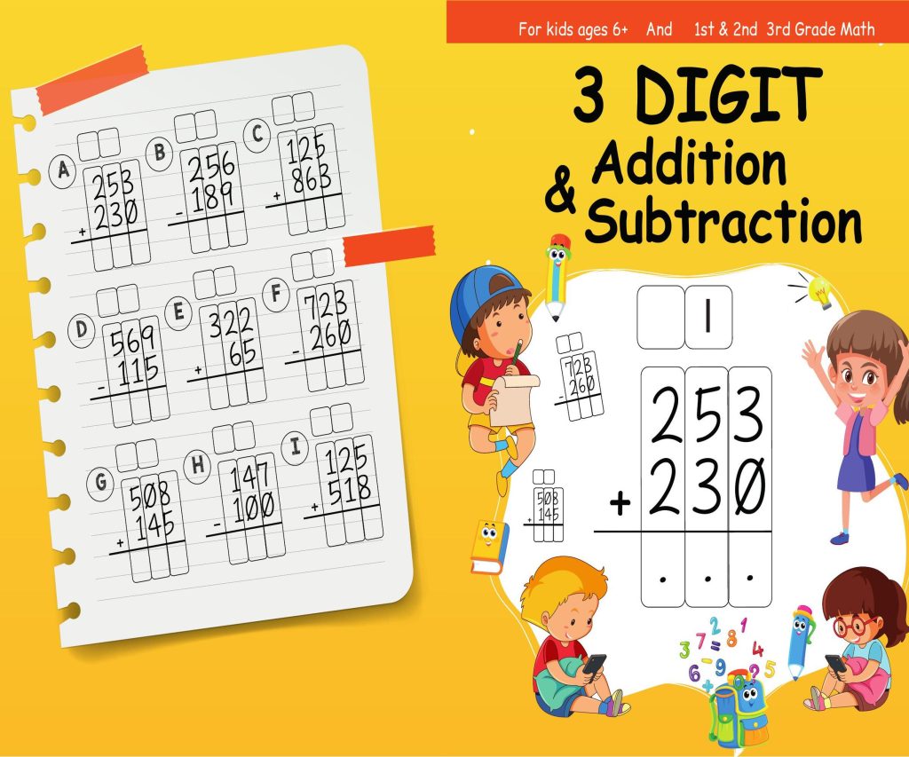 3 Digit addition subtraction Activity book PDF File 8.5×11 inch For Kids aged 2-4 4-8, KDP interior Ready To Upload COMMERCIAL Use