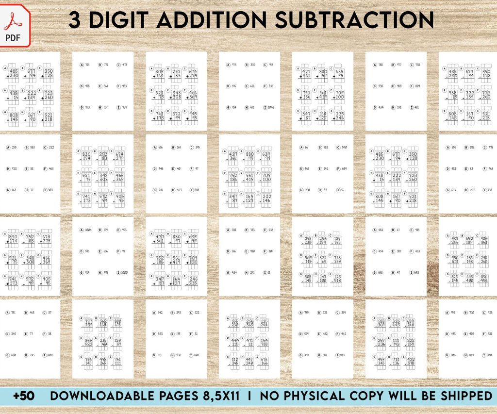 3 Digit addition subtraction Activity book PDF File 8.5×11 inch For Kids aged 2-4 4-8, KDP interior Ready To Upload COMMERCIAL Use