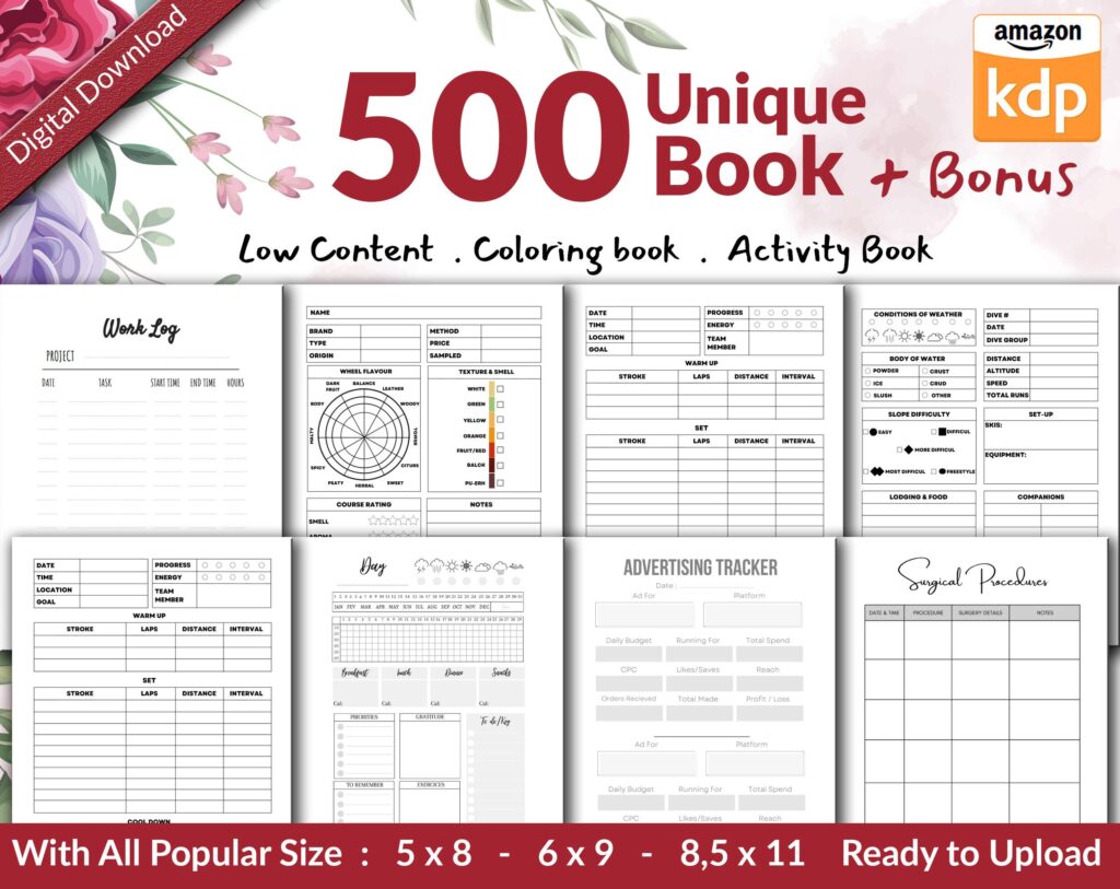 500 Unique Amazon KDP interiors Bundle, Low Content Books Notebook, Activity Books, Journals, Planners, Coloring books, Commercial use