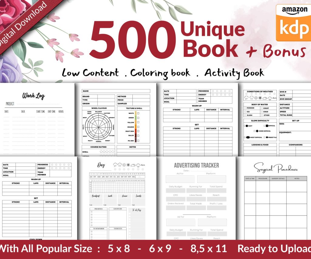 500 Unique Amazon KDP interiors Bundle, Low Content Books Notebook, Activity Books, Journals, Planners, Coloring books, Commercial use