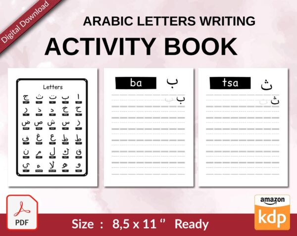 Arabic letters writing Activity book PDF File 8.5×11 inch For Kids aged 2-4 4-8, KDP interior Ready To Upload COMMERCIAL Use