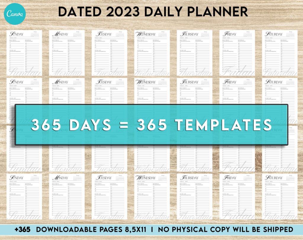 Dated 2023 Daily Planner 365 Canva Templates 8.5×11, Printable & Editable with 2023 Calendar, also used as Binder, agenda KDP interior