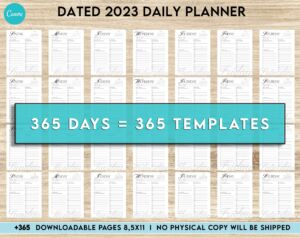 Dated 2023 Daily Planner 365 Canva Templates 8.5x11, Printable & Editable with 2023 Calender, also used as Binder, agenda KDP interior
