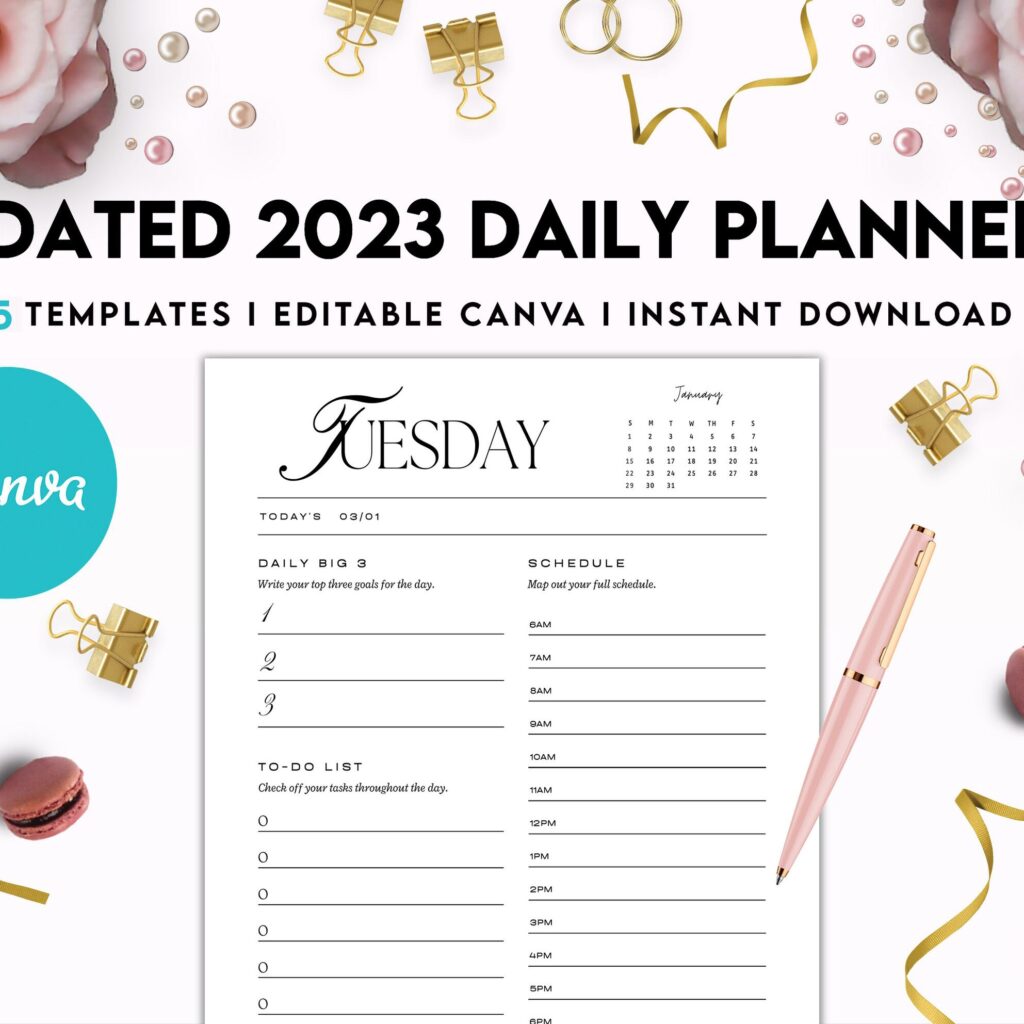 Dated 2023 Daily Planner 365 Canva Templates 8.5×11, Printable & Editable with 2023 Calendar, also used as Binder, agenda KDP interior