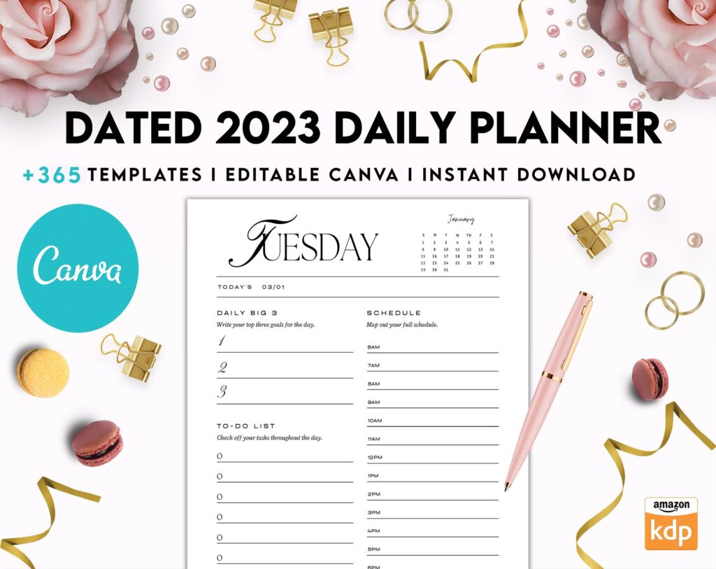 Dated 2023 Daily Planner 365 Canva Templates 8.5×11, Printable & Editable with 2023 Calendar, also used as Binder, agenda KDP interior