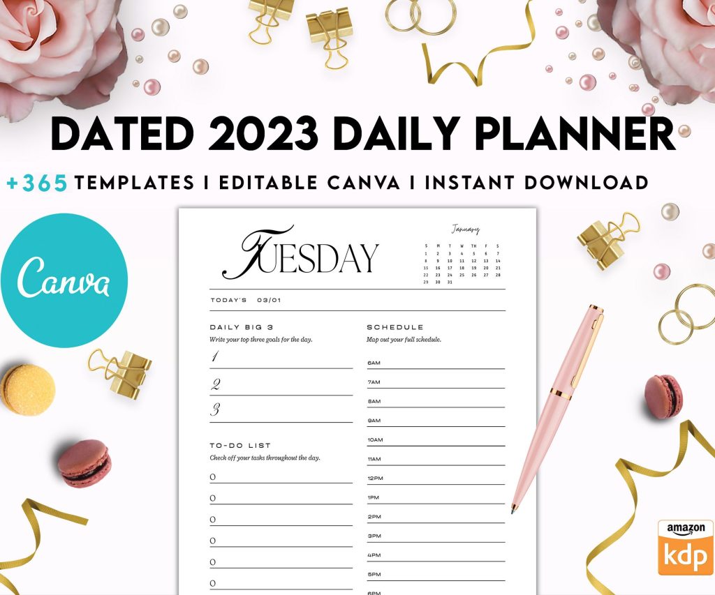 Dated 2023 Daily Planner 365 Canva Templates 8.5×11, Printable & Editable with 2023 Calendar, also used as Binder, agenda KDP interior