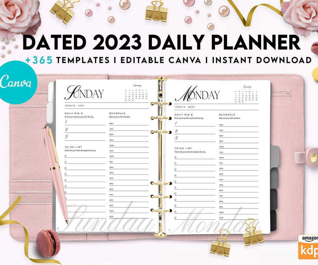Dated 2023 Daily Planner 365 Canva Templates 8.5×11, Printable & Editable with 2023 Calendar, also used as Binder, agenda KDP interior