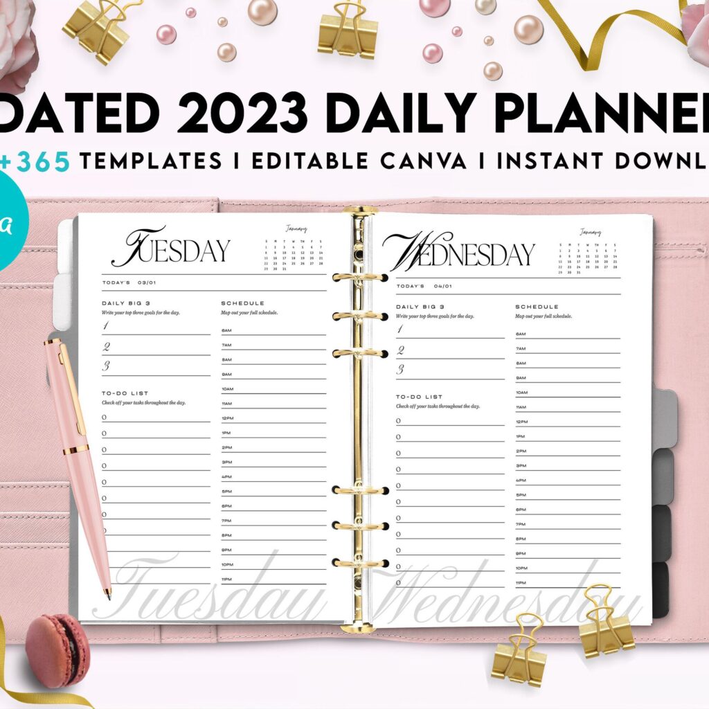 Dated 2023 Daily Planner 365 Canva Templates 8.5×11, Printable & Editable with 2023 Calendar, also used as Binder, agenda KDP interior