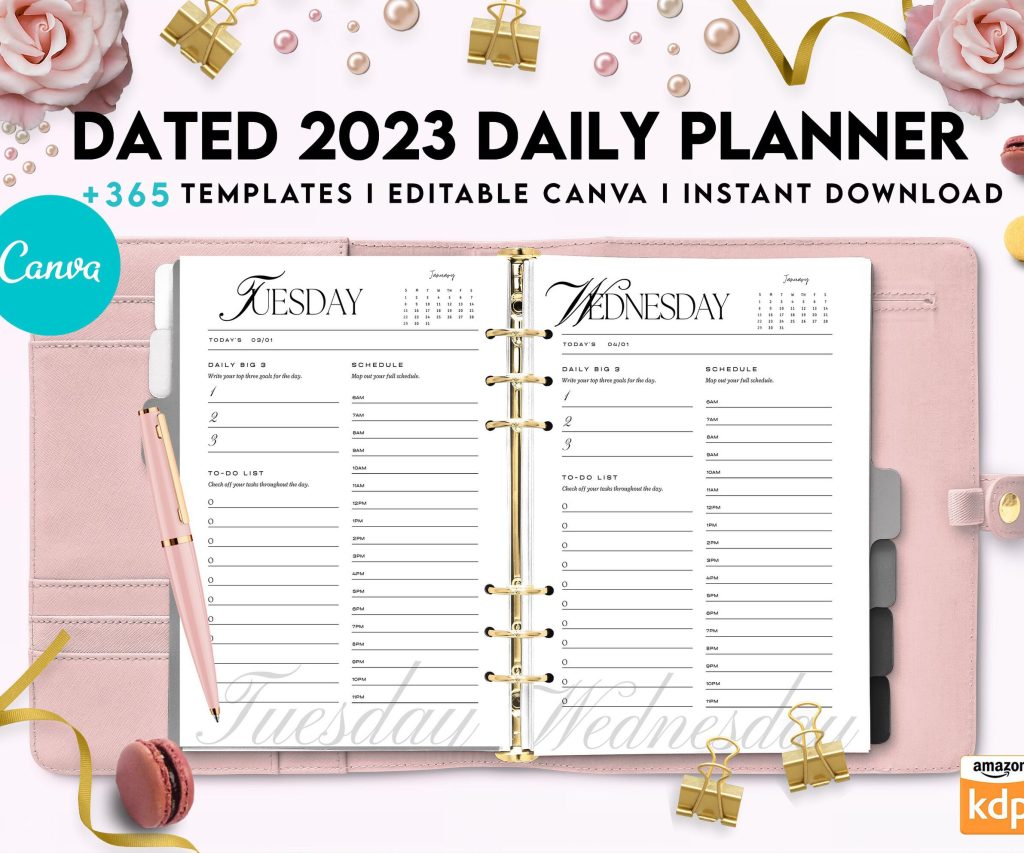 Dated 2023 Daily Planner 365 Canva Templates 8.5×11, Printable & Editable with 2023 Calendar, also used as Binder, agenda KDP interior