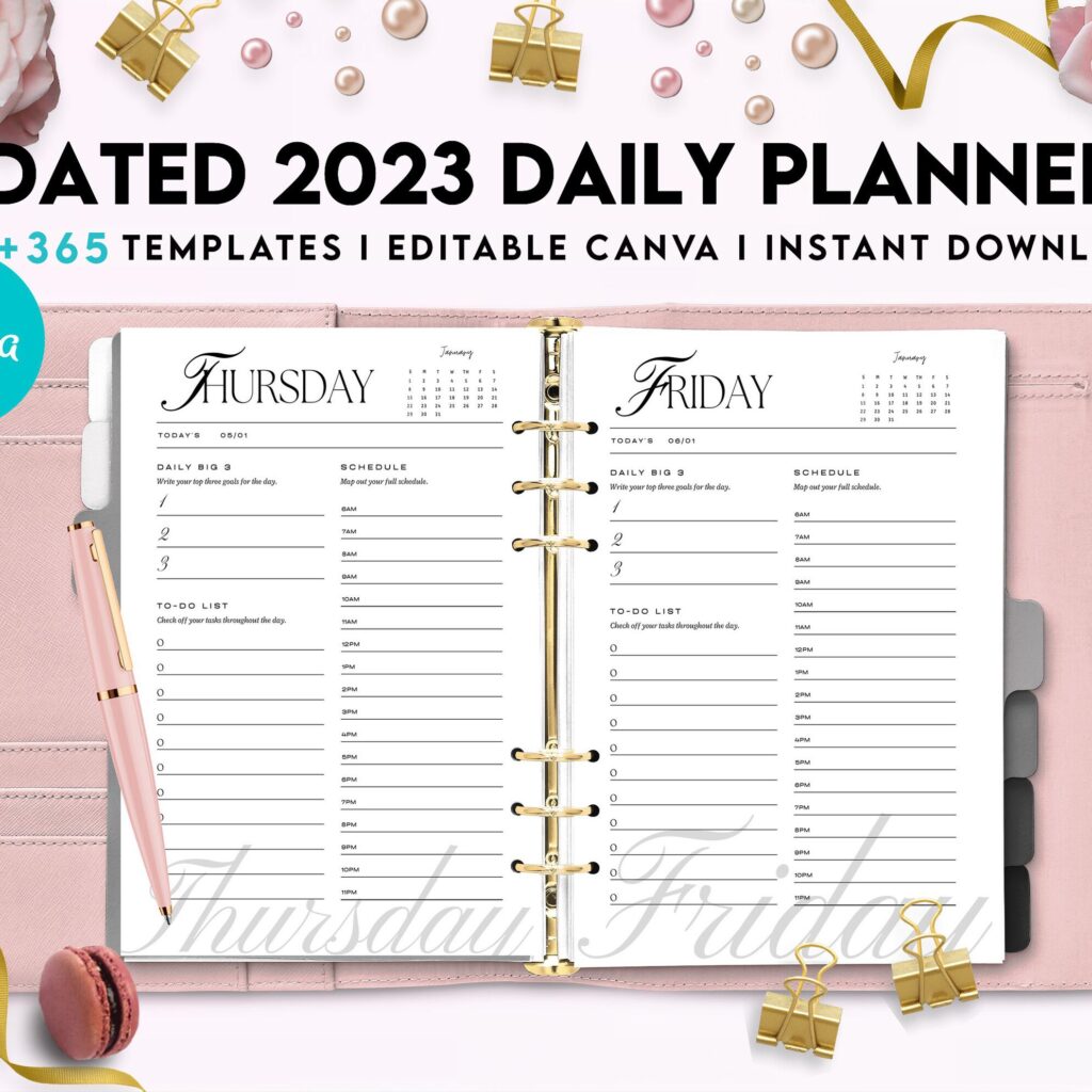 Dated 2023 Daily Planner 365 Canva Templates 8.5×11, Printable & Editable with 2023 Calendar, also used as Binder, agenda KDP interior