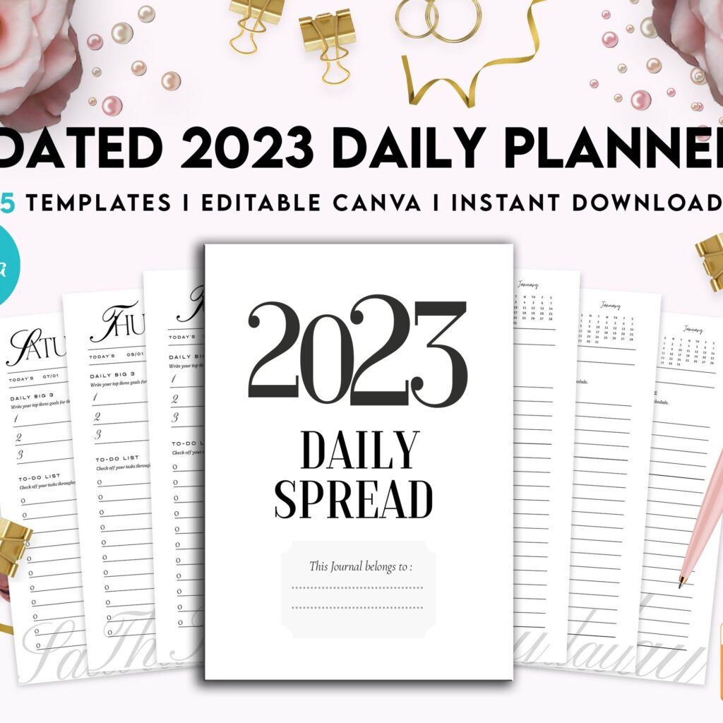 Dated 2023 Daily Planner 365 Canva Templates 8.5×11, Printable & Editable with 2023 Calendar, also used as Binder, agenda KDP interior